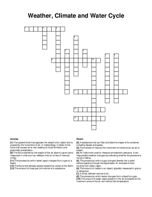 Weather, Climate and Water Cycle Crossword Puzzle