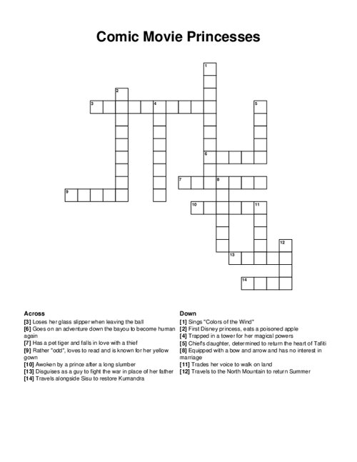 Comic Movie Princesses Crossword Puzzle