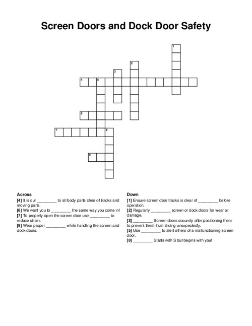 Screen Doors and Dock Door Safety Crossword Puzzle