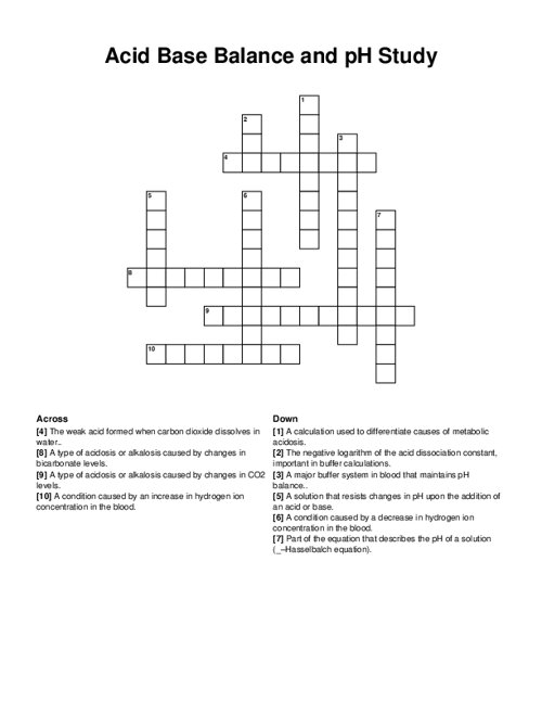 Acid Base Balance and pH Study Crossword Puzzle