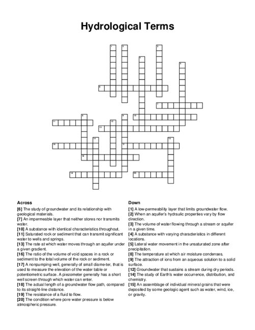 Hydrological Terms Crossword Puzzle