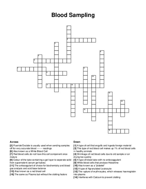 Blood Sampling Crossword Puzzle