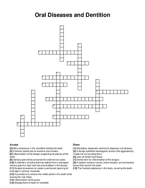 Oral Diseases and Dentition Crossword Puzzle