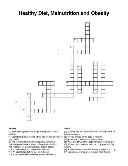 Healthy Diet, Malnutrition and Obesity Crossword Puzzle