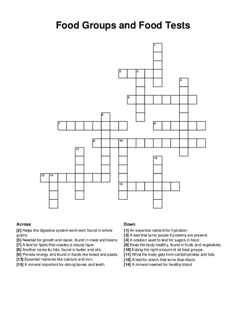 Food Groups and Food Tests Crossword Puzzle