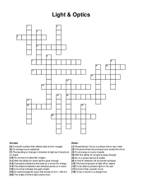 Light & Optics Crossword Puzzle