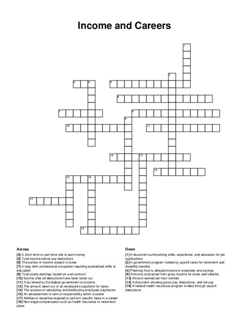 Income and Careers Crossword Puzzle