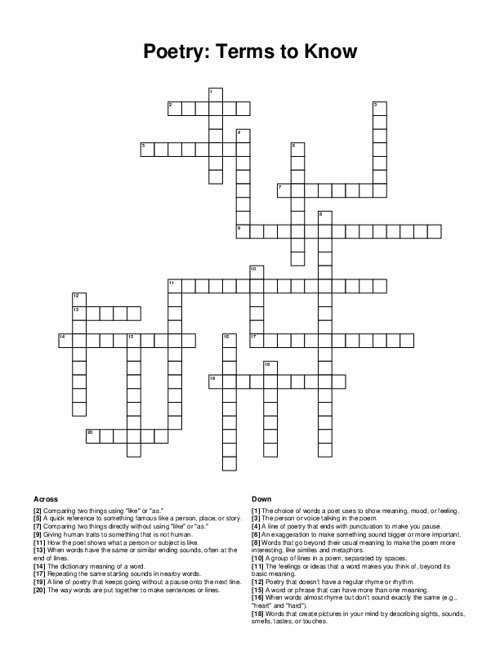 Poetry: Terms to Know Crossword Puzzle