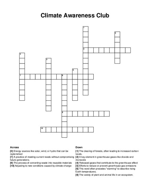 Climate Awareness Club Crossword Puzzle