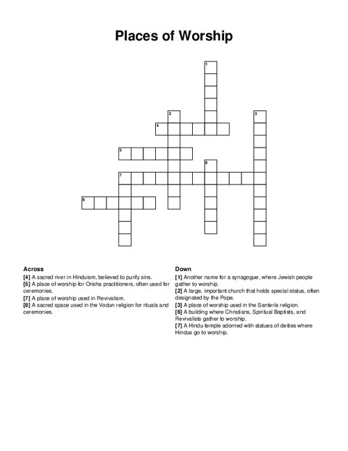 Places of Worship Crossword Puzzle