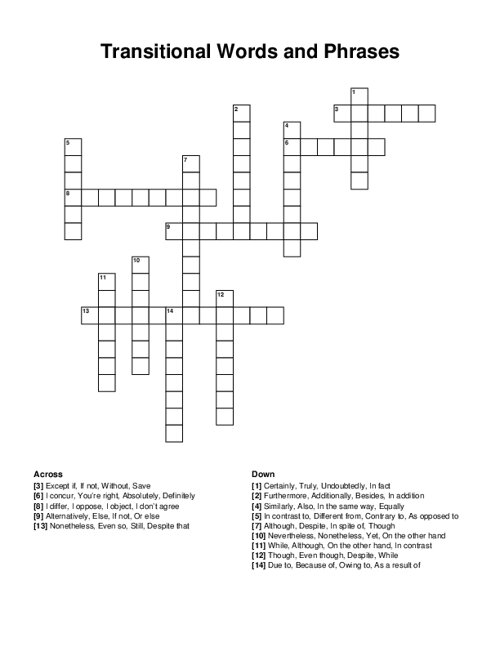 Transitional Words and Phrases Crossword Puzzle