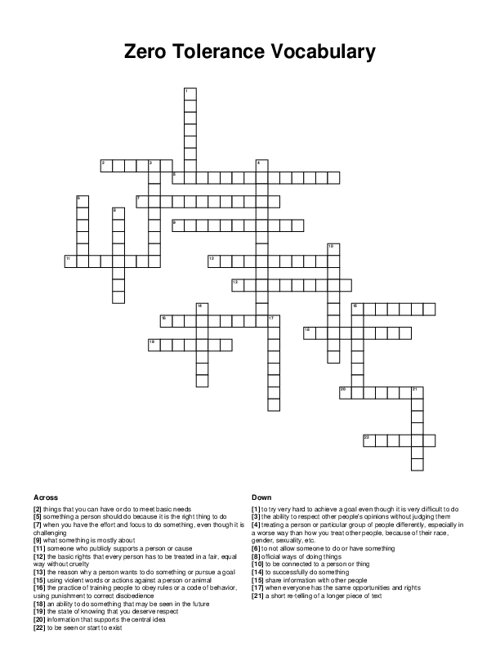 Zero Tolerance Vocabulary Crossword Puzzle