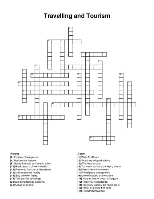 Travelling and Tourism Crossword Puzzle