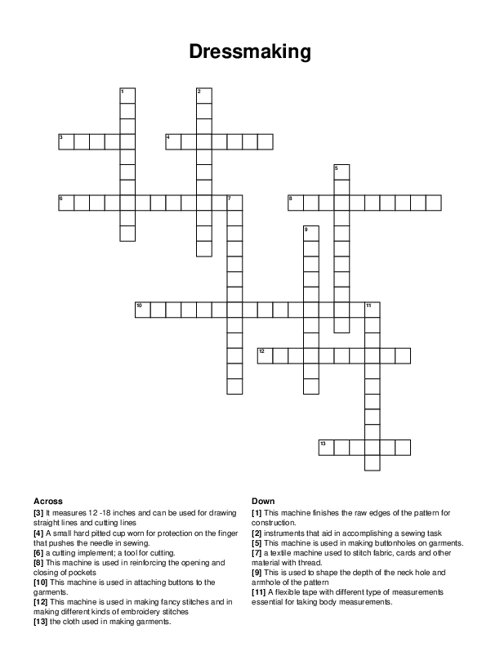 Dressmaking Crossword Puzzle