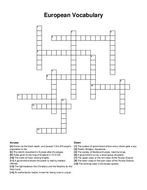 European Vocabulary Crossword Puzzle