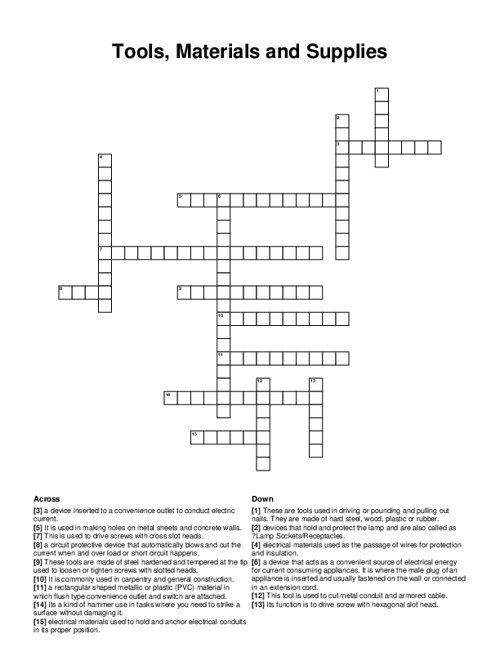 Tools, Materials and Supplies Crossword Puzzle