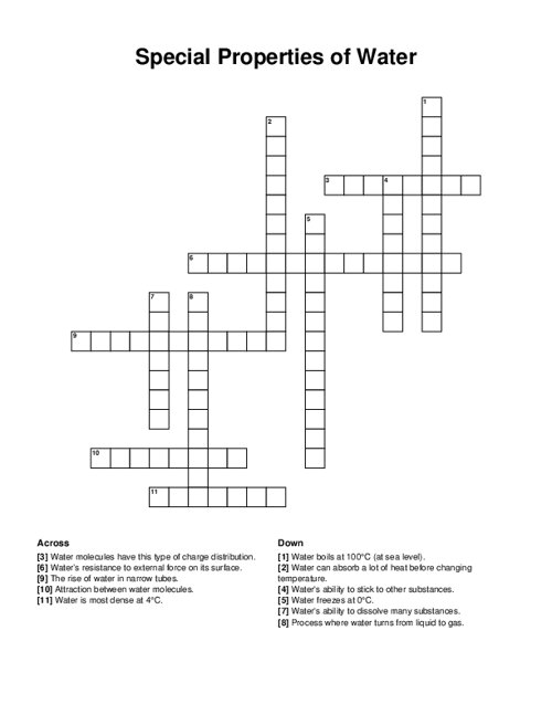 Special Properties of Water Crossword Puzzle