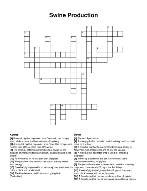 Swine Production Crossword Puzzle