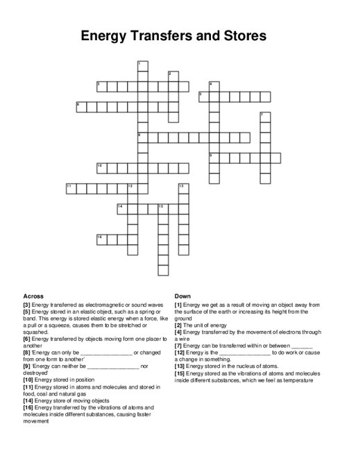 Energy Transfers and Stores Crossword Puzzle