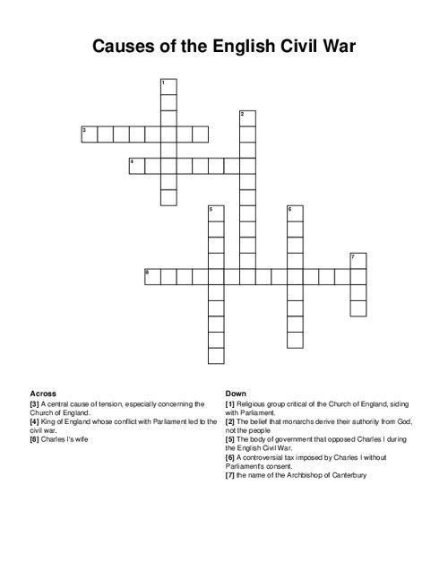 Causes of the English Civil War Crossword Puzzle