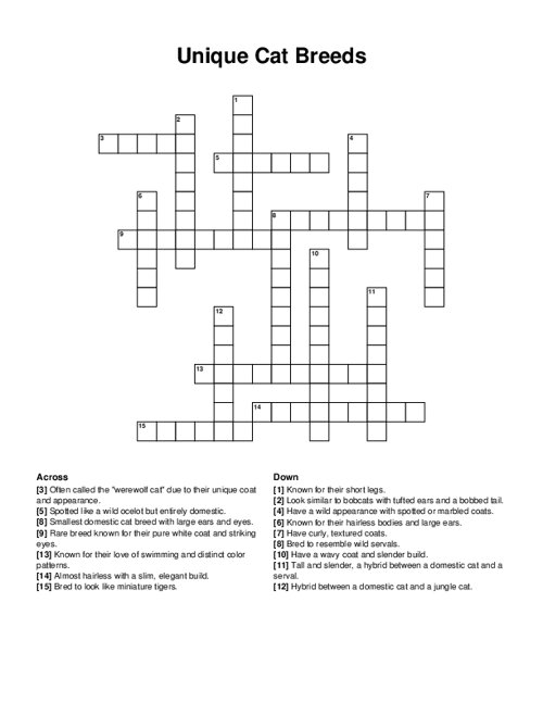 Unique Cat Breeds Crossword Puzzle