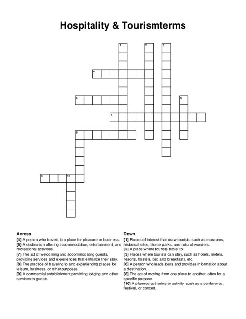 Hospitality & Tourismterms Crossword Puzzle