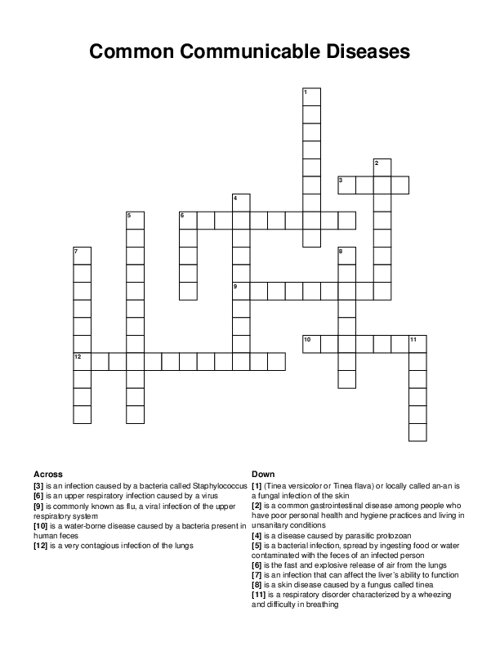 Common Communicable Diseases Crossword Puzzle