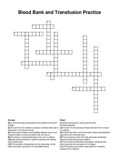 Blood Bank and Transfusion Practice Crossword Puzzle