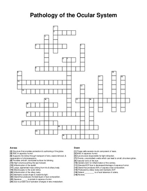 Pathology of the Ocular System Crossword Puzzle