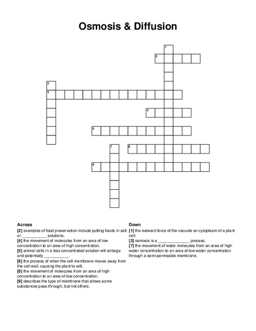 Osmosis & Diffusion Crossword Puzzle