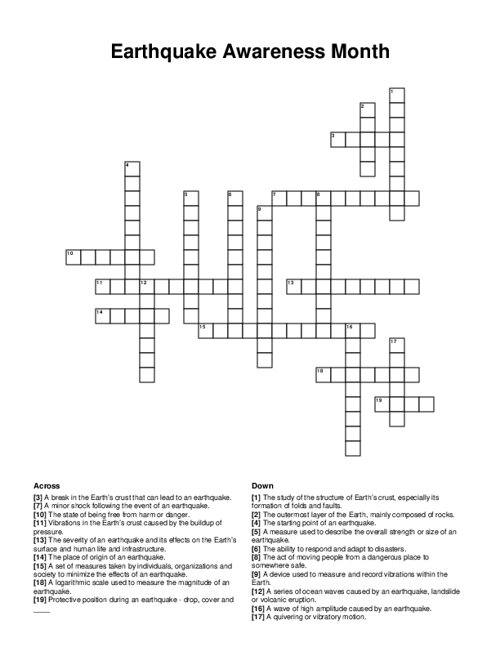 Earthquake Awareness Month Crossword Puzzle