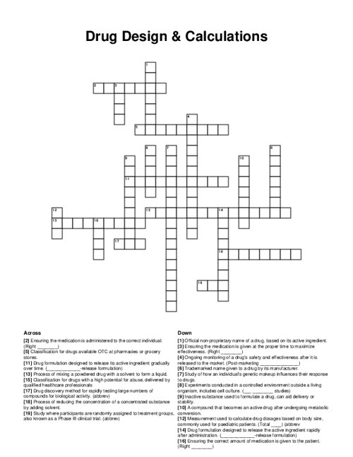 Drug Design & Calculations Crossword Puzzle