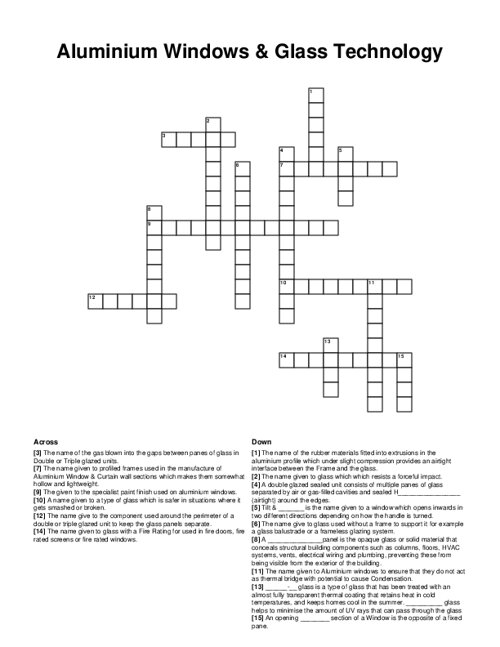 Aluminium Windows & Glass Technology Crossword Puzzle