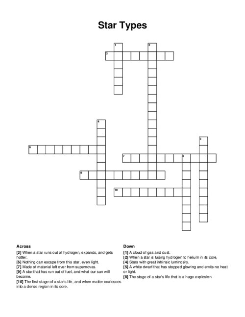 Star Types Crossword Puzzle