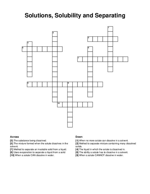 Solutions, Solubility and Separating Crossword Puzzle