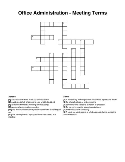 Office Administration - Meeting Terms Crossword Puzzle