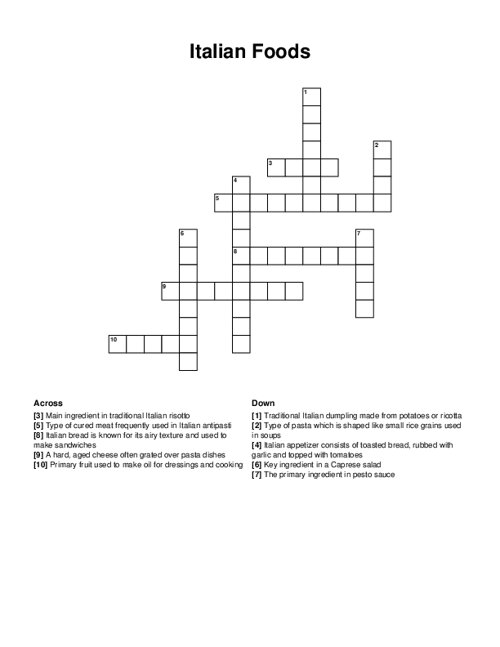 Italian Foods Crossword Puzzle