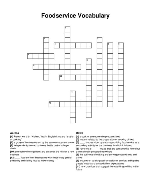 Foodservice Vocabulary Crossword Puzzle