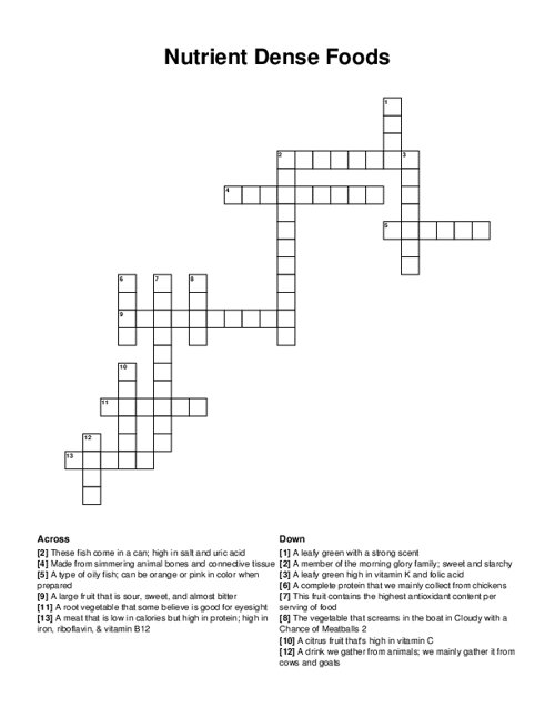 Nutrient Dense Foods Crossword Puzzle