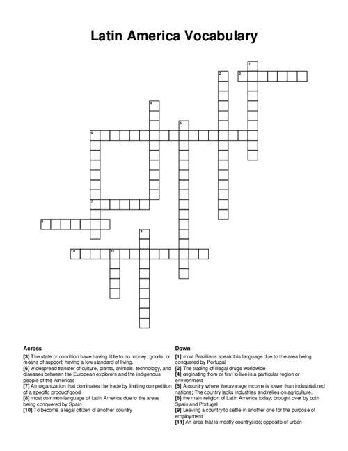 Latin America Vocabulary Crossword Puzzle