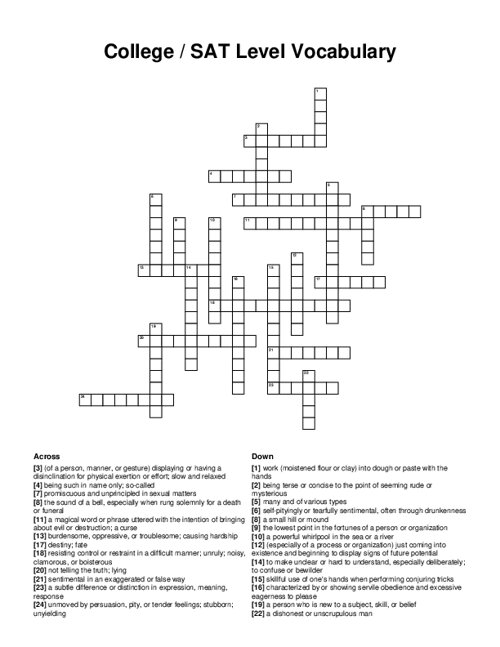 College / SAT Level Vocabulary Crossword Puzzle