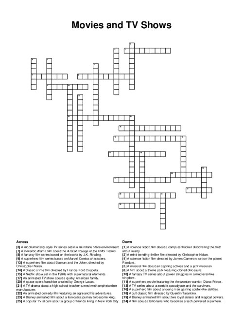 Movies and TV Shows Crossword Puzzle