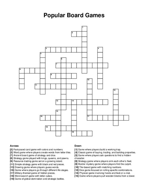 Popular Board Games Crossword Puzzle