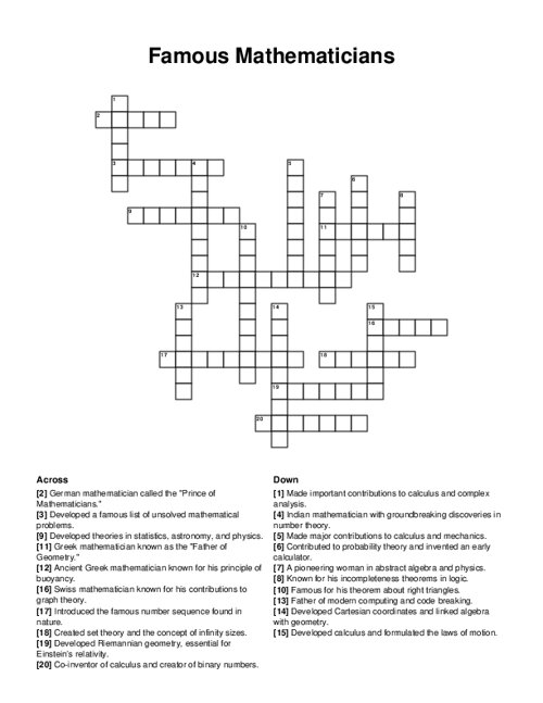 Famous Mathematicians Crossword Puzzle