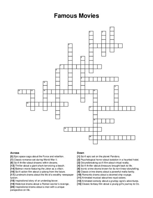 Famous Movies Crossword Puzzle