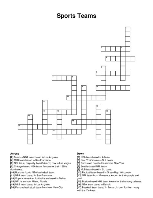 Sports Teams Crossword Puzzle