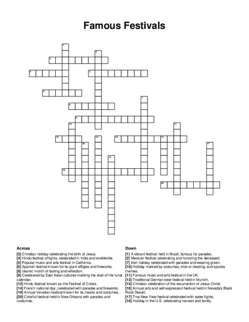 Famous Festivals Crossword Puzzle