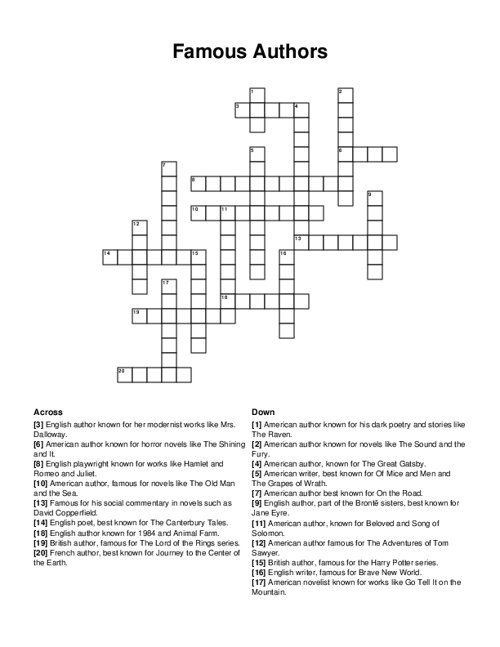 Famous Authors Crossword Puzzle