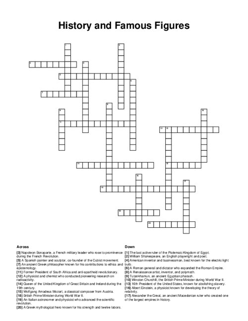 History and Famous Figures Crossword Puzzle