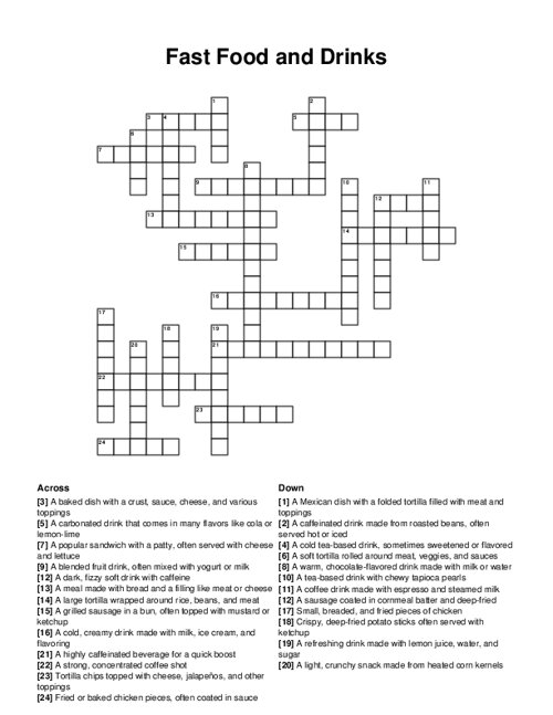 Fast Food and Drinks Crossword Puzzle